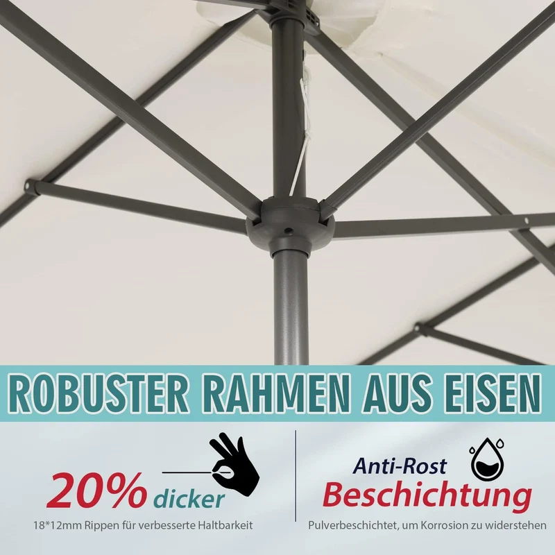 Sekey Doppelsonnenschirm 160 × 300 cm – Großer Sonnenschirm mit Kurbel & Knickfunktion, UV50+ Marktschirm, windstabil, Weiß / Grau