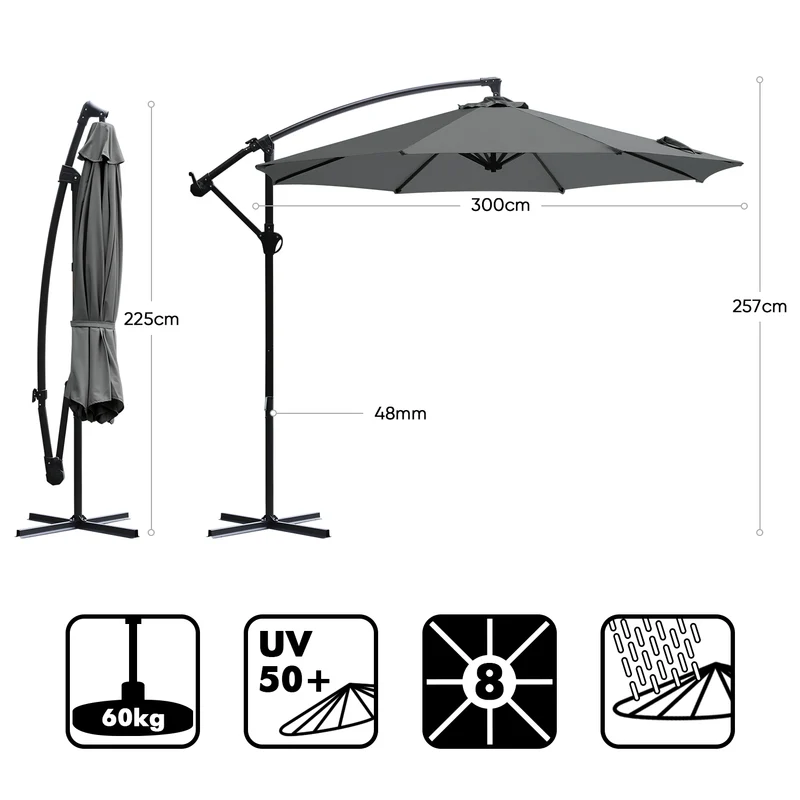 Sekey® Premium Ampelschirm 300 cm – UV50+ Sonnenschutz, stabiler Kurbel-Sonnenschirm mit Aluminiumgestell, 8 Streben, Beige / Grau / Weiß