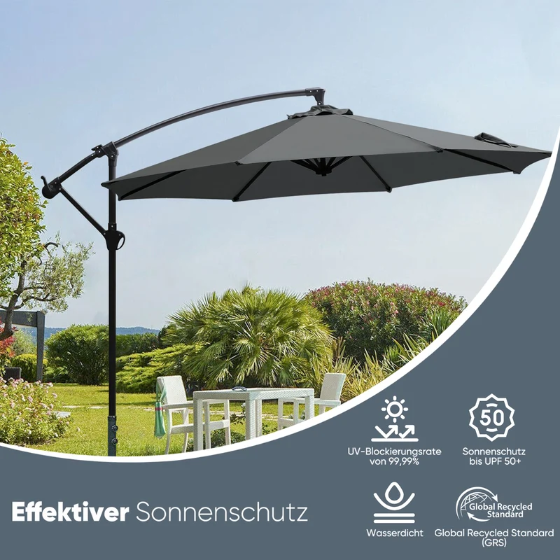 Sekey® Premium Ampelschirm 300 cm – UV50+ Sonnenschutz, stabiler Kurbel-Sonnenschirm mit Aluminiumgestell, 8 Streben, Beige / Grau / Weiß