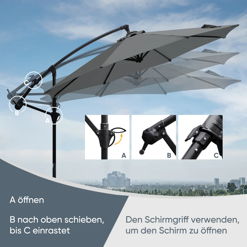 Sekey® Premium Ampelschirm 300 cm – UV50+ Sonnenschutz, stabiler Kurbel-Sonnenschirm mit Aluminiumgestell, 8 Streben, Beige / Grau / Weiß