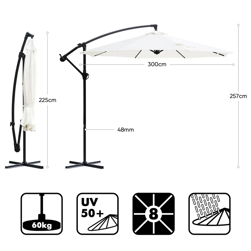 Sekey® Premium Ampelschirm 300 cm – UV50+ Sonnenschutz, stabiler Kurbel-Sonnenschirm mit Aluminiumgestell, 8 Streben, Beige / Grau / Weiß