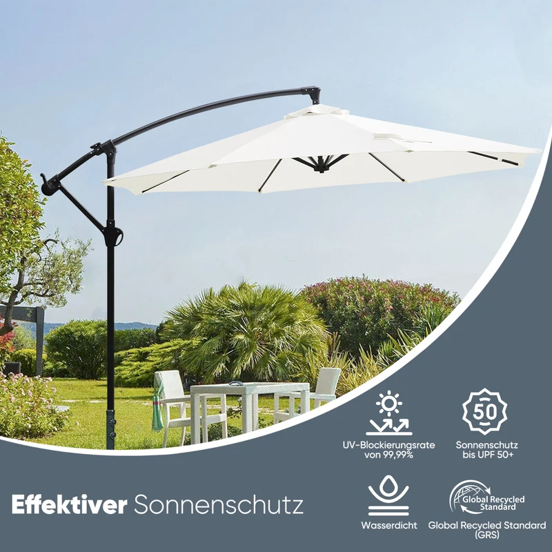 Sekey® Premium Ampelschirm 300 cm – UV50+ Sonnenschutz, stabiler Kurbel-Sonnenschirm mit Aluminiumgestell, 8 Streben, Beige / Grau / Weiß
