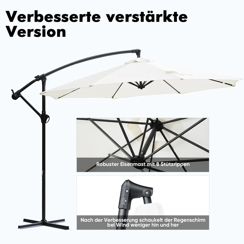 Sekey® Premium Ampelschirm 300 cm – UV50+ Sonnenschutz, stabiler Kurbel-Sonnenschirm mit Aluminiumgestell, 8 Streben, Beige / Grau / Weiß