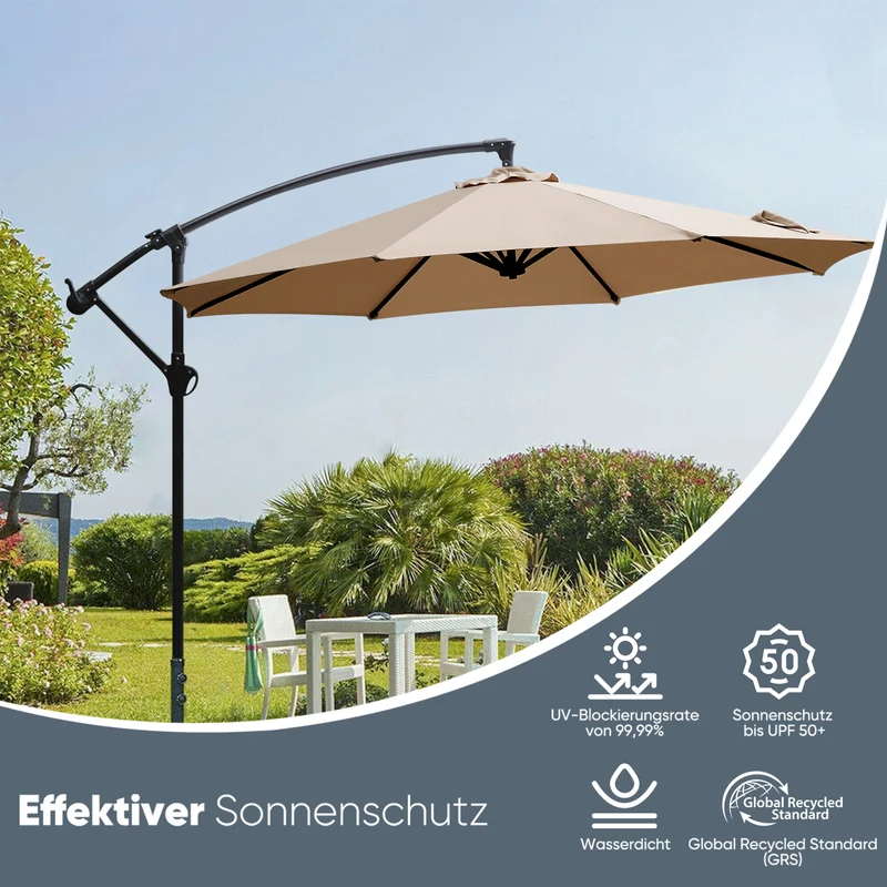 Sekey® Premium Ampelschirm 300 cm – UV50+ Sonnenschutz, stabiler Kurbel-Sonnenschirm mit Aluminiumgestell, 8 Streben, Beige / Grau / Weiß