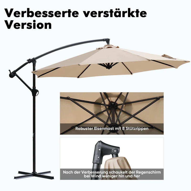 Sekey® Premium Ampelschirm 300 cm – UV50+ Sonnenschutz, stabiler Kurbel-Sonnenschirm mit Aluminiumgestell, 8 Streben, Beige / Grau / Weiß