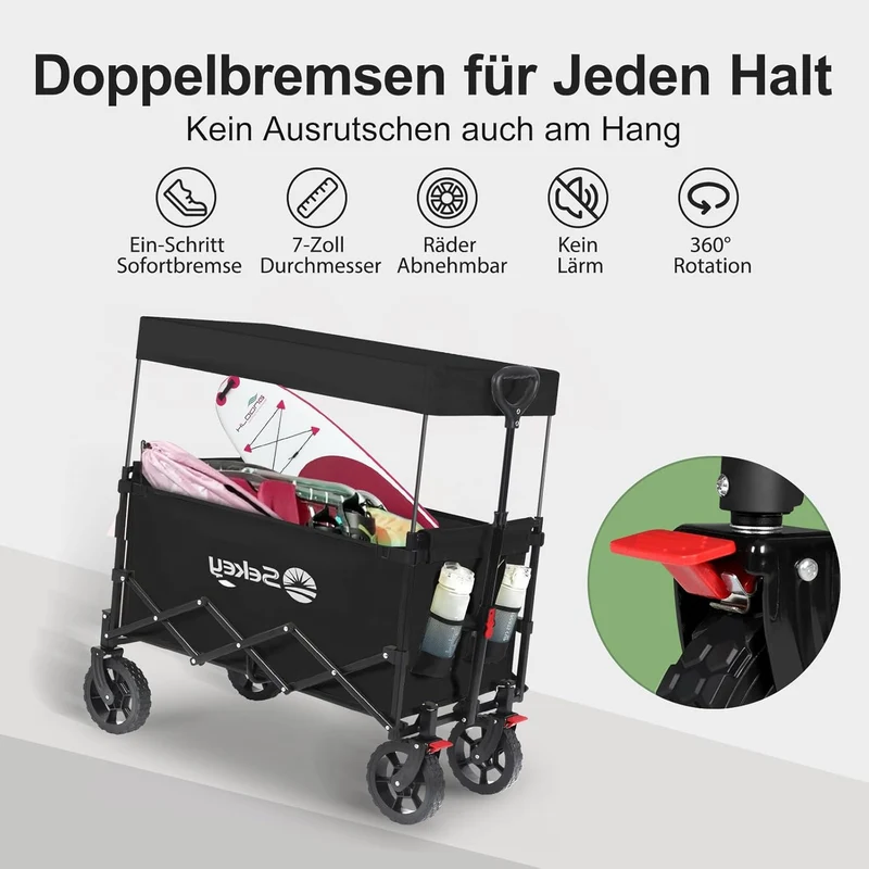 Sekey XXL Faltbarer Kinder-Handwagen mit Dach, 150 L, 150 kg, Sonnenschutz, Strand- & Campingwagen, Grau/Blaugrün/Schwarz, Modell S4018