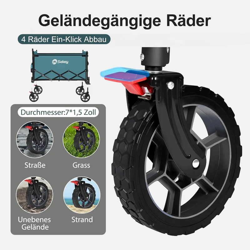 Sekey XXL Faltbarer Kinder-Handwagen mit Dach, 150 L, 150 kg, Sonnenschutz, Strand- & Campingwagen, Grau/Blaugrün/Schwarz, Modell S4018