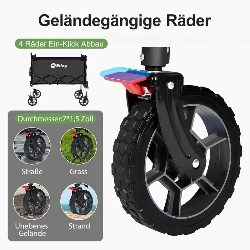 Sekey XXL Faltbarer Kinder-Handwagen mit Dach, 150 L, 150 kg, Sonnenschutz, Strand- & Campingwagen, Grau/Blaugrün/Schwarz, Modell S4018