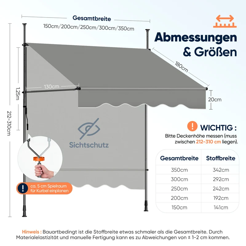 Sekey Klemmmarkise ohne Bohren Grau (150–350 cm Breite), 130 cm Ausfall, 0–90° verstellbar, wasserdicht & UV-Schutz (UPF 50+), Balkon Markise mit Handkurbel für Balkon, Terrasse & Garten