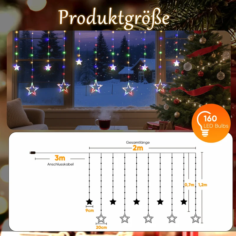 Salcar LED Sterne Lichtervorhang, 2m 160 LEDs, 10 Sterne, 8 Modi, Timer & Memory – Weihnachtsbeleuchtung für Innen & Außen, Warmweiß/Bunt, IP44 Wasserdicht