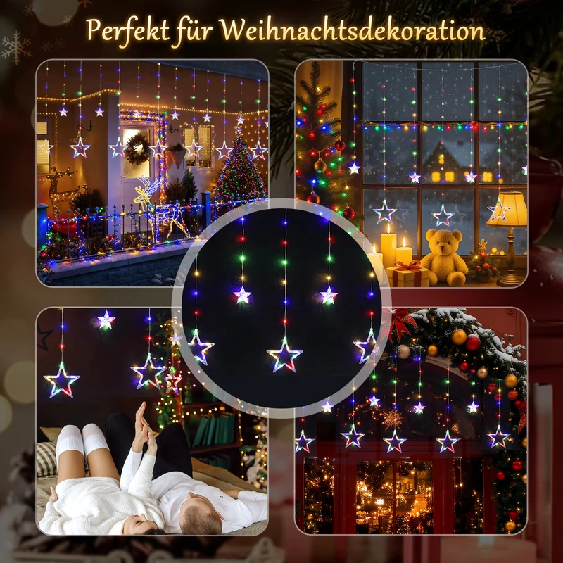 Salcar LED Sterne Lichtervorhang, 2m 160 LEDs, 10 Sterne, 8 Modi, Timer & Memory – Weihnachtsbeleuchtung für Innen & Außen, Warmweiß/Bunt, IP44 Wasserdicht