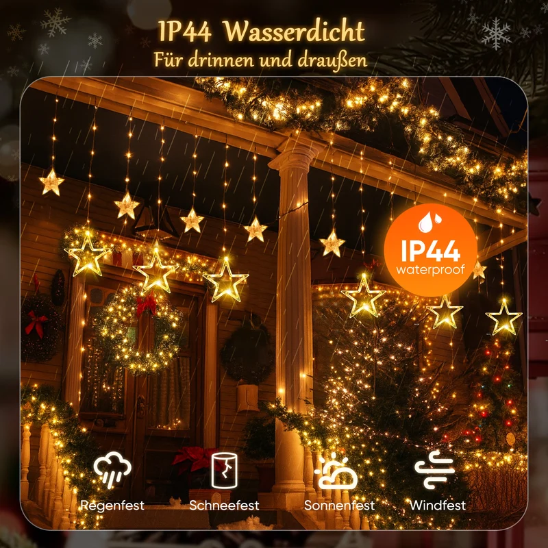 Salcar LED Sterne Lichtervorhang, 2m 160 LEDs, 10 Sterne, 8 Modi, Timer & Memory – Weihnachtsbeleuchtung für Innen & Außen, Warmweiß/Bunt, IP44 Wasserdicht