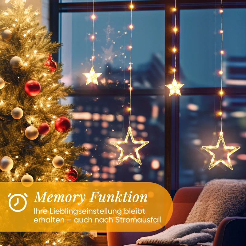 Salcar LED Sterne Lichtervorhang, 2m 160 LEDs, 10 Sterne, 8 Modi, Timer & Memory – Weihnachtsbeleuchtung für Innen & Außen, Warmweiß/Bunt, IP44 Wasserdicht