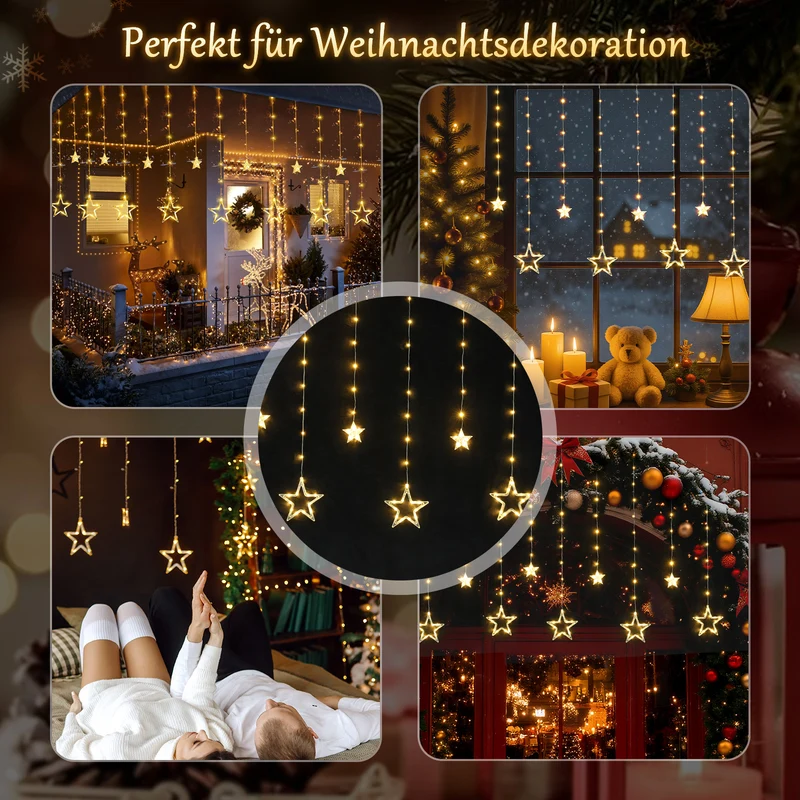 Salcar LED Sterne Lichtervorhang, 2m 160 LEDs, 10 Sterne, 8 Modi, Timer & Memory – Weihnachtsbeleuchtung für Innen & Außen, Warmweiß/Bunt, IP44 Wasserdicht