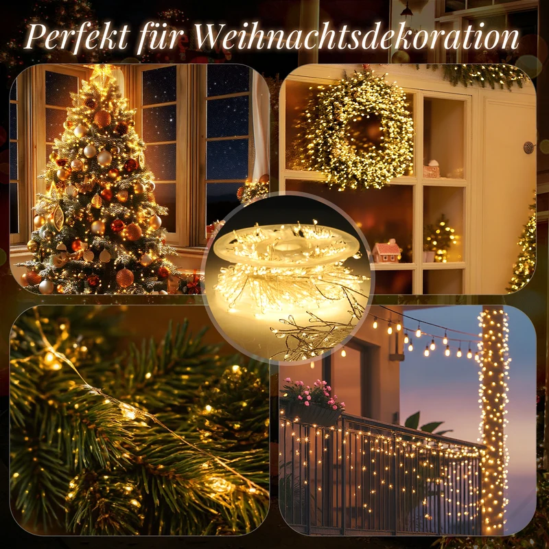 Salcar LED Cluster Lichterkette aus Kupferdraht – 5m/10m/15m/20m, 200–800 LEDs, Wasserdicht, 8 Modi, Timer & Memory, für Innen & Außen, Weihnachtsbaum, Garten, Hochzeit, Party – Warmweiß