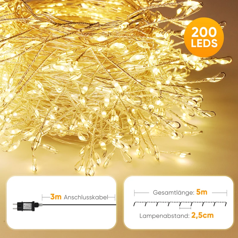 Salcar LED Cluster Lichterkette aus Kupferdraht – 5m/10m/15m/20m, 200–800 LEDs, Wasserdicht, 8 Modi, Timer & Memory, für Innen & Außen, Weihnachtsbaum, Garten, Hochzeit, Party – Warmweiß