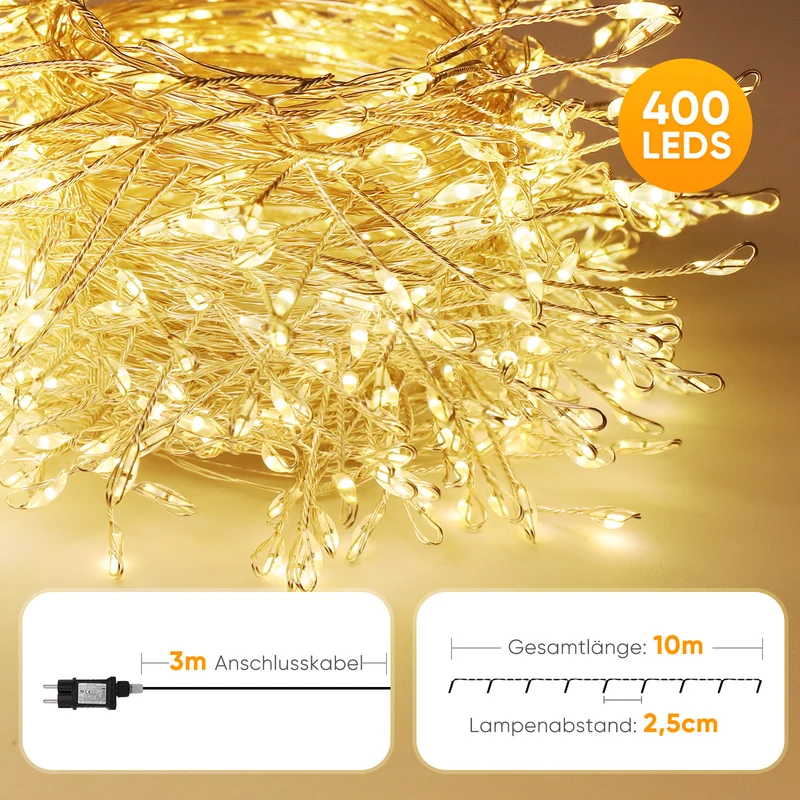 Salcar LED Cluster Lichterkette aus Kupferdraht – 5m/10m/15m/20m, 200–800 LEDs, Wasserdicht, 8 Modi, Timer & Memory, für Innen & Außen, Weihnachtsbaum, Garten, Hochzeit, Party – Warmweiß