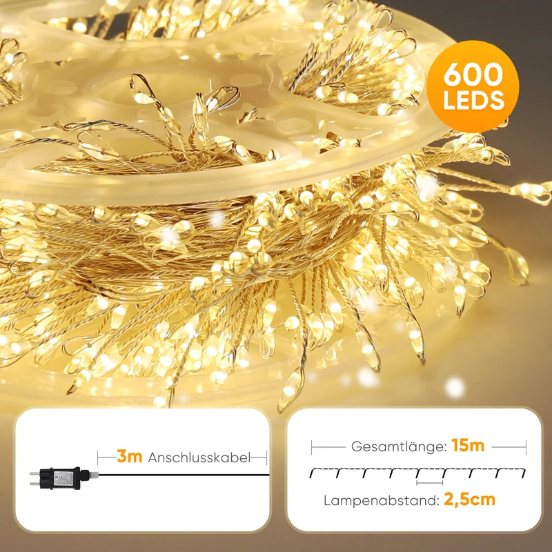 Salcar LED Cluster Lichterkette aus Kupferdraht – 5m/10m/15m/20m, 200–800 LEDs, Wasserdicht, 8 Modi, Timer & Memory, für Innen & Außen, Weihnachtsbaum, Garten, Hochzeit, Party – Warmweiß