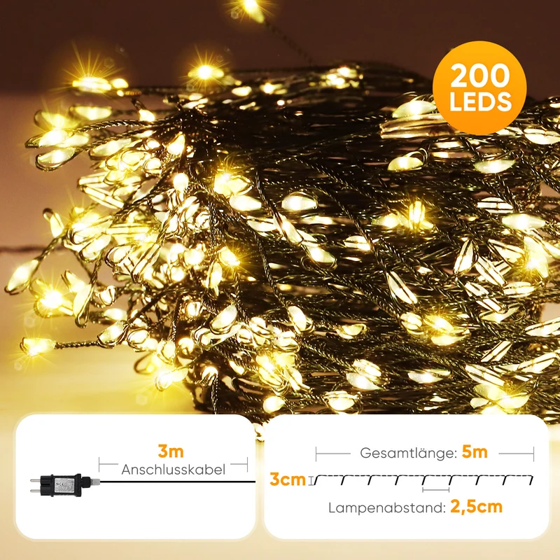 Salcar LED Cluster Lichterkette Kupferdraht | 200/400/600/800 LEDs | 5m/10m/15m/20m | Warmweiß, 8 Modi, Timer & Memory, IP44 Wasserdicht für Innen & Außen