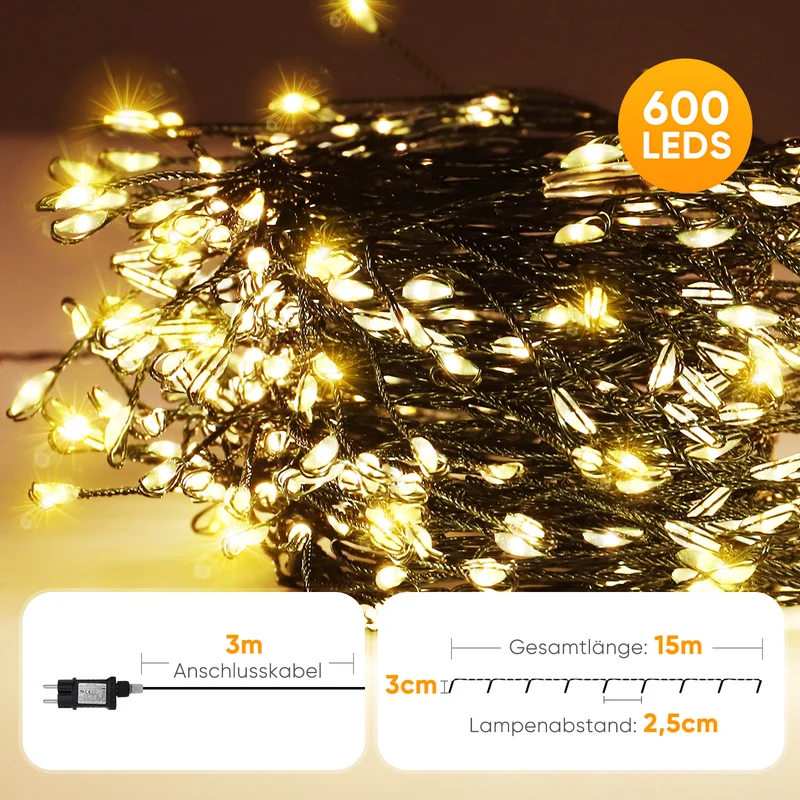 Salcar LED Cluster Lichterkette Kupferdraht | 200/400/600/800 LEDs | 5m/10m/15m/20m | Warmweiß, 8 Modi, Timer & Memory, IP44 Wasserdicht für Innen & Außen
