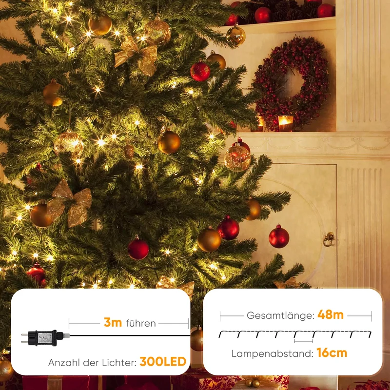 Salcar LED Lichterkette Warmweiß, 100/200/300 LEDs, 16m/32m/48m, 31V, 8 Modi, Timer & Memory, IP44 Wasserdicht, Weihnachtsbeleuchtung Außen Innen