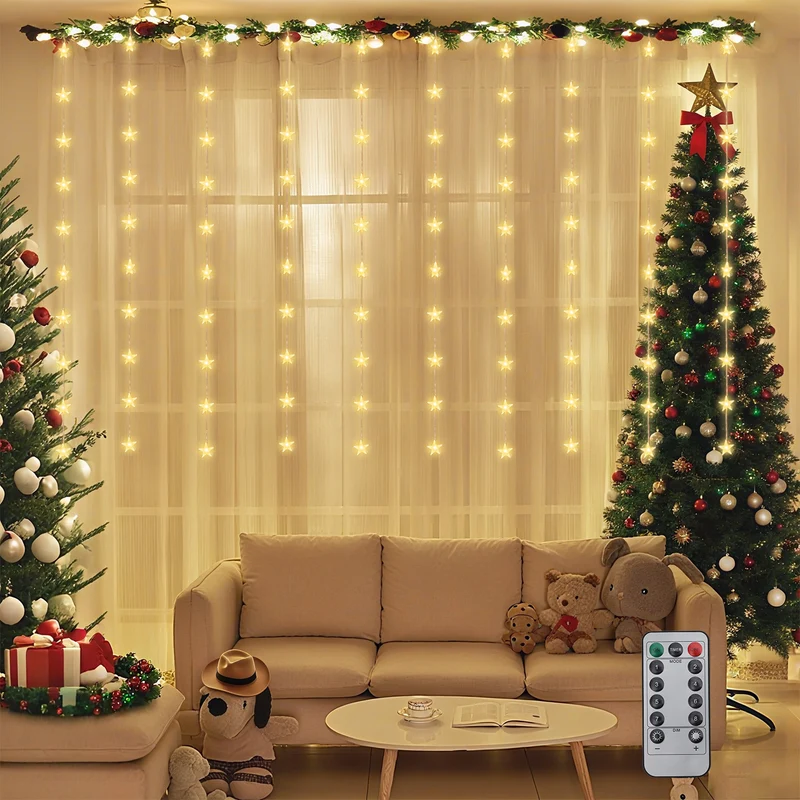 Salcar LED Lichtervorhang Sterne 2×1m, 50 LEDs, Warmweiß, 8 Modi, USB, Timer & Memory, Dimmbar mit Fernbedienung, Weihnachtsbeleuchtung Fenster Deko für Innen