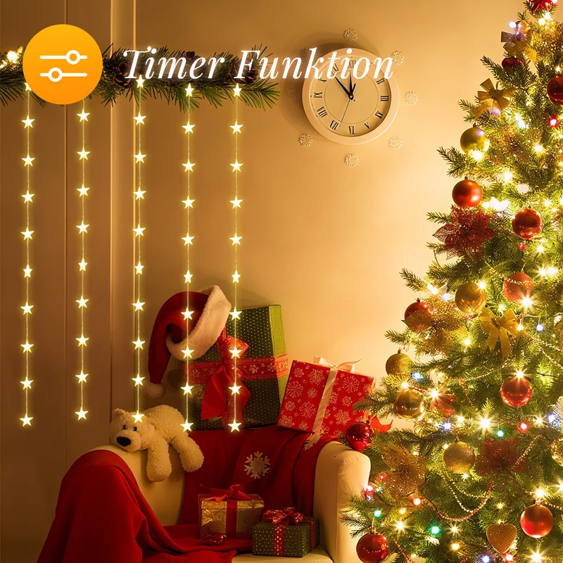 Salcar LED Lichtervorhang Sterne 2×1m, 50 LEDs, Warmweiß, 8 Modi, USB, Timer & Memory, Dimmbar mit Fernbedienung, Weihnachtsbeleuchtung Fenster Deko für Innen