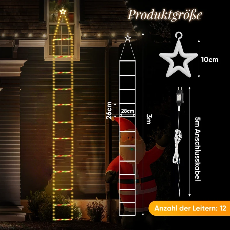 Salcar LED Weihnachts Leiter Lichterkette 3 m, 260 LEDs, Warmweiß & Bunt, 9 Modi, Timer & Memory, IP44 Wasserdicht, Weihnachtsbeleuchtung für Innen & Außen