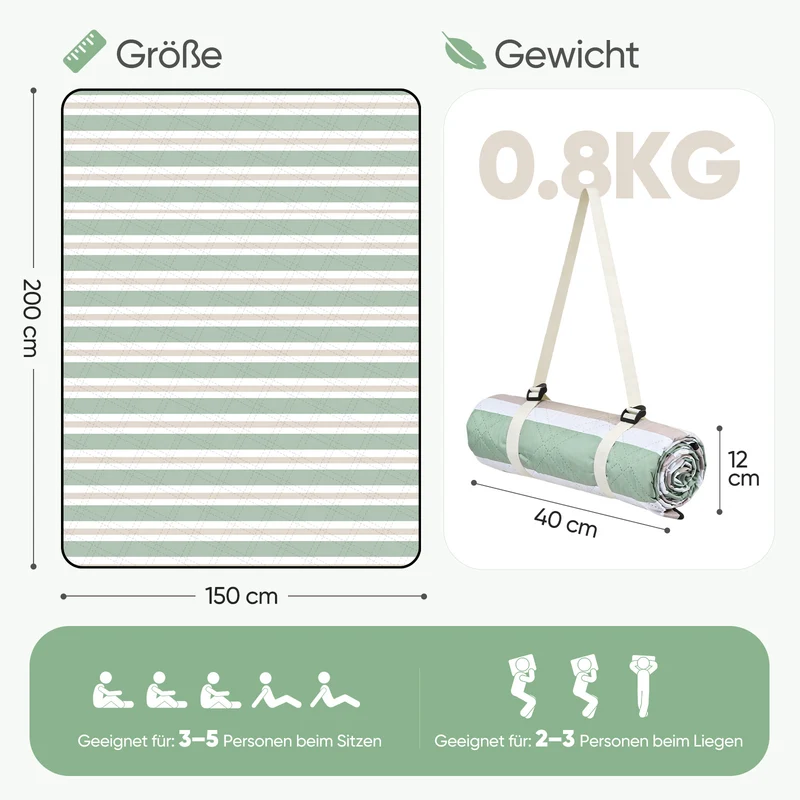 Sekey Picknickdecke Wasserdicht – Sandfreie Stranddecke mit Klassischem Streifenmuster in Hellgrün, Hellbraun & Weiß, PEVA-Unterseite & Tragegurt für Picknick, Camping und Strand