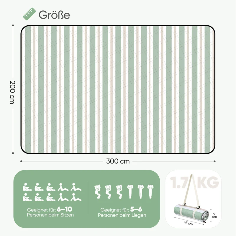 Sekey Picknickdecke Wasserdicht – Sandfreie Stranddecke mit Klassischem Streifenmuster in Hellgrün, Hellbraun & Weiß, PEVA-Unterseite & Tragegurt für Picknick, Camping und Strand