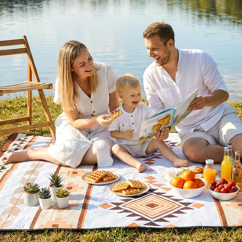 Sekey Picknickdecke Wasserdicht – Sandfreie Stranddecke mit Geometrischem Bohemian-Muster, PEVA-Unterseite & Tragegurt für Picknick, Camping und Strand