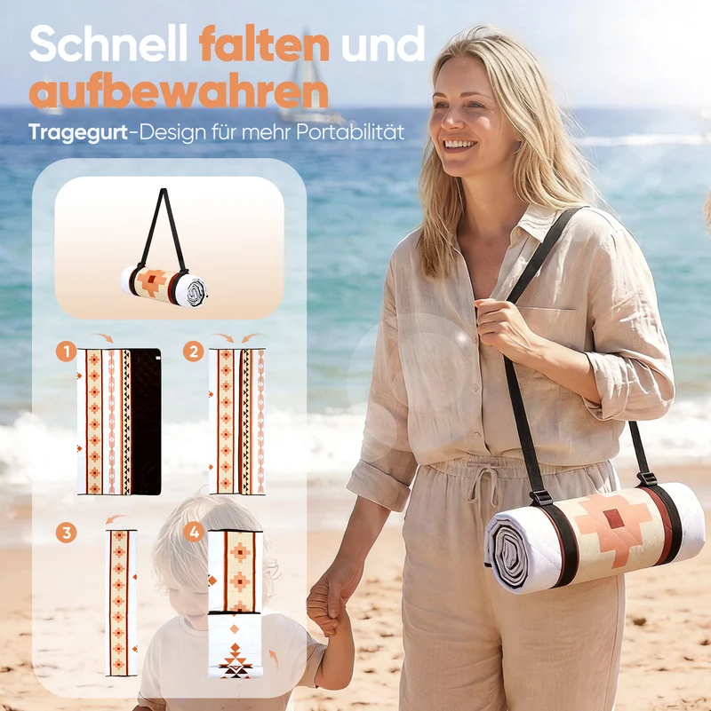 Sekey Picknickdecke Wasserdicht – Sandfreie Stranddecke mit Geometrischem Bohemian-Muster, PEVA-Unterseite & Tragegurt für Picknick, Camping und Strand