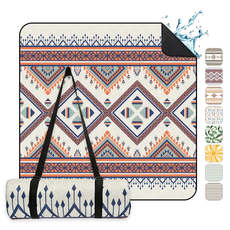 Sekey Picknickdecke Wasserdicht 200x200 cm – Sandfreie Stranddecke im Bunte Bohemian Design, PEVA-Unterseite & Tragegurt für Picknick, Camping und Strand