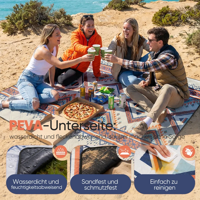 Sekey Picknickdecke Wasserdicht 200x200 cm – Sandfreie Stranddecke im Bunte Bohemian Design, PEVA-Unterseite & Tragegurt für Picknick, Camping und Strand