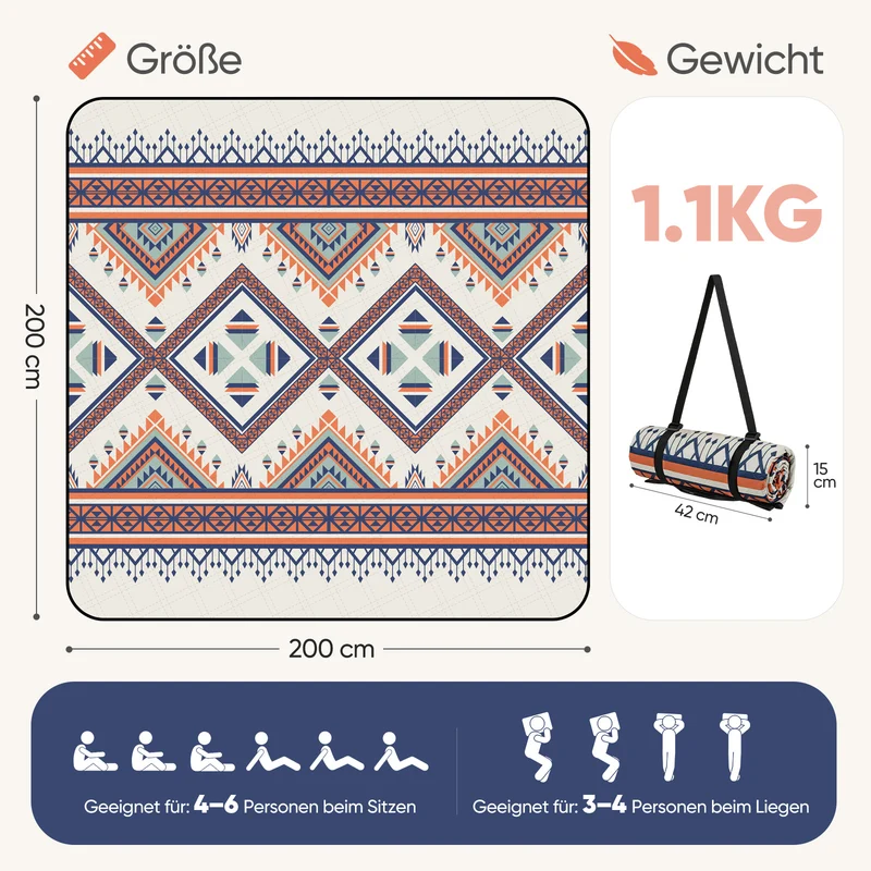 Sekey Picknickdecke Wasserdicht 200x200 cm – Sandfreie Stranddecke im Bunte Bohemian Design, PEVA-Unterseite & Tragegurt für Picknick, Camping und Strand