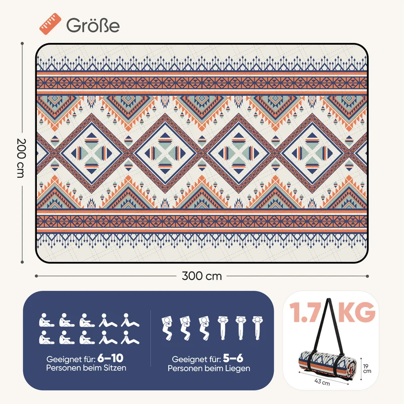 Sekey Picknickdecke Wasserdicht 200x200 cm – Sandfreie Stranddecke im Bunte Bohemian Design, PEVA-Unterseite & Tragegurt für Picknick, Camping und Strand