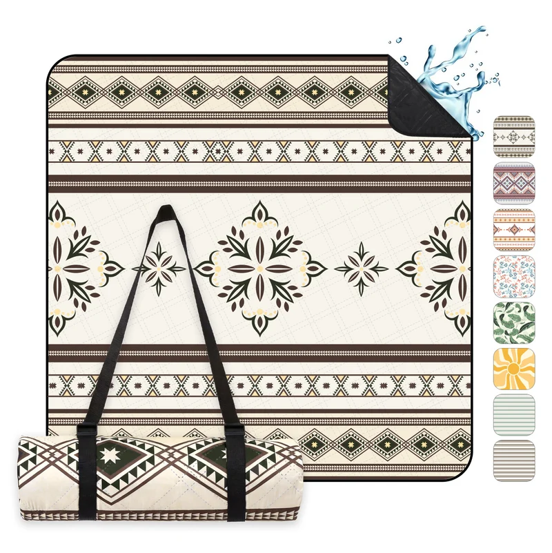 Sekey Picknickdecke Wasserdicht 200x200 cm – Sandfreie Stranddecke im Retro Bohemian Beige Design, PEVA-Unterseite & Tragegurt für Picknick, Camping und Strand