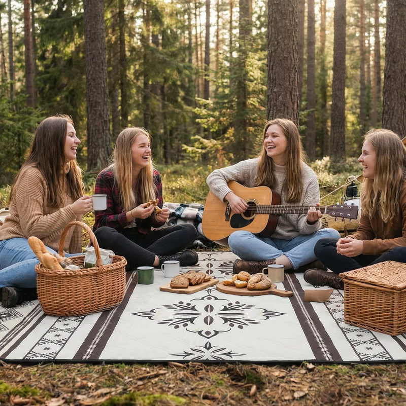 Sekey Picknickdecke Wasserdicht 200x200 cm – Sandfreie Stranddecke im Retro Bohemian Beige Design, PEVA-Unterseite & Tragegurt für Picknick, Camping und Strand