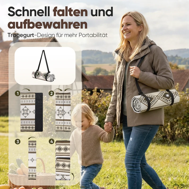 Sekey Picknickdecke Wasserdicht 200x200 cm – Sandfreie Stranddecke im Retro Bohemian Beige Design, PEVA-Unterseite & Tragegurt für Picknick, Camping und Strand
