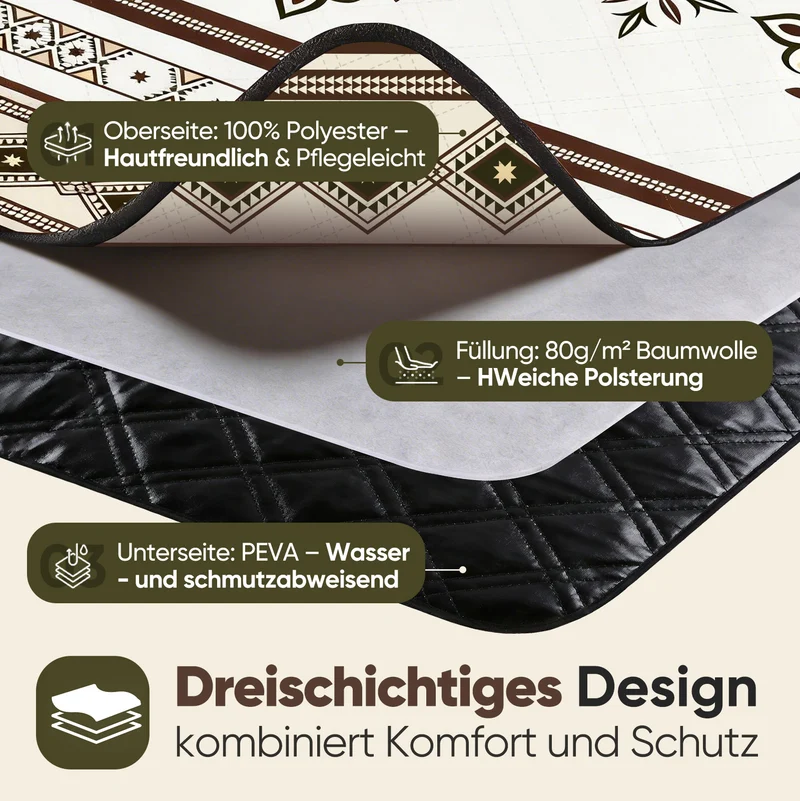 Sekey Picknickdecke Wasserdicht 200x200 cm – Sandfreie Stranddecke im Retro Bohemian Beige Design, PEVA-Unterseite & Tragegurt für Picknick, Camping und Strand
