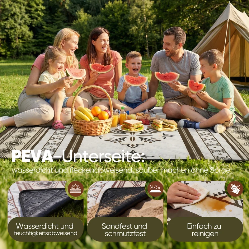Sekey Picknickdecke Wasserdicht 200x200 cm – Sandfreie Stranddecke im Retro Bohemian Beige Design, PEVA-Unterseite & Tragegurt für Picknick, Camping und Strand