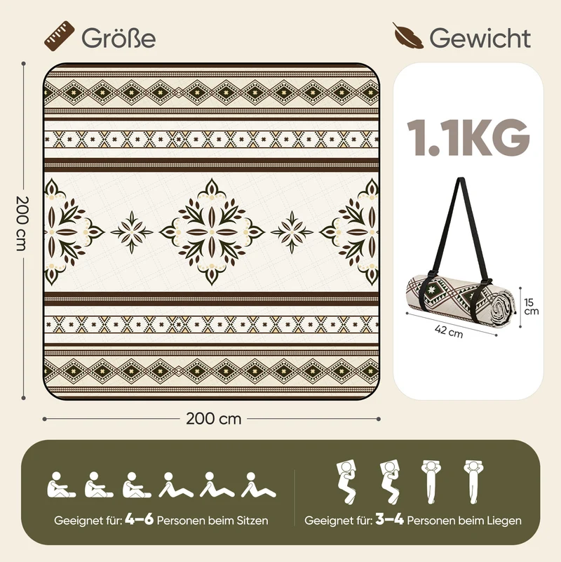 Sekey Picknickdecke Wasserdicht 200x200 cm – Sandfreie Stranddecke im Retro Bohemian Beige Design, PEVA-Unterseite & Tragegurt für Picknick, Camping und Strand