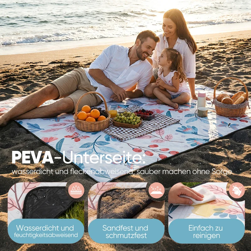 Sekey Picknickdecke Wasserdicht 200x200 cm – Sandfreie Stranddecke mit Schmetterlings- & Blumenmuster, blaue Blätter & rosa Blumen, PEVA-Unterseite & Tragegurt für Picknick, Camping und Strand