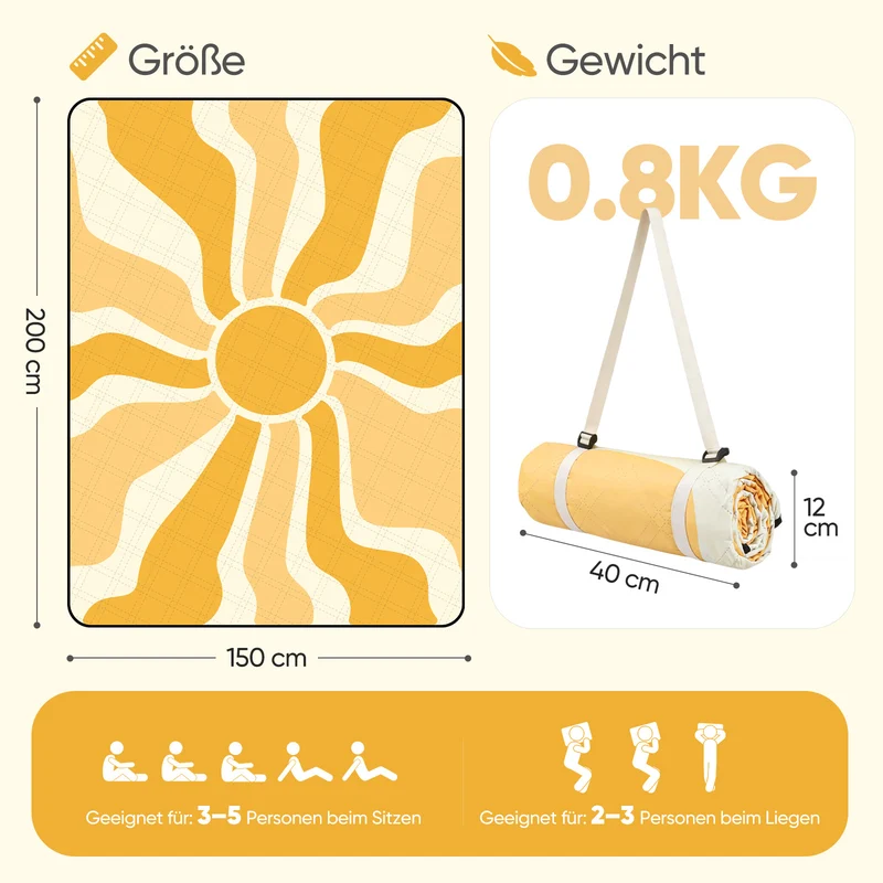 Sekey Picknickdecke Wasserdicht – Sandfreie Stranddecke mit Sonnen-Motiv, Sonnenmuster, PEVA-Unterseite & Tragegurt für Picknick, Camping und Strand