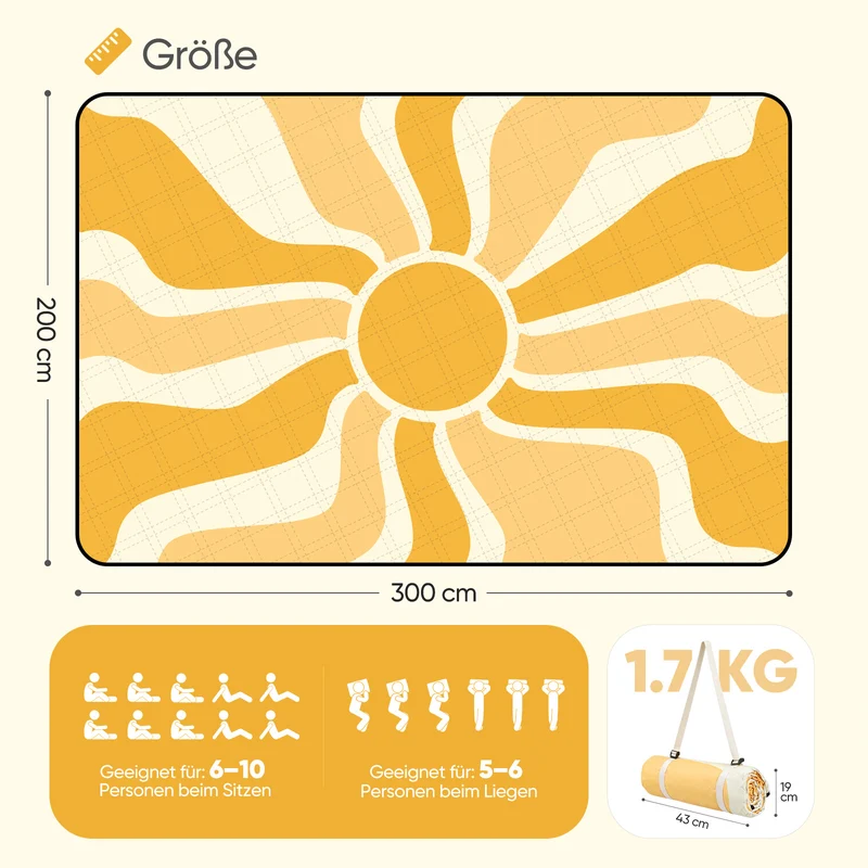 Sekey Picknickdecke Wasserdicht – Sandfreie Stranddecke mit Sonnen-Motiv, Sonnenmuster, PEVA-Unterseite & Tragegurt für Picknick, Camping und Strand
