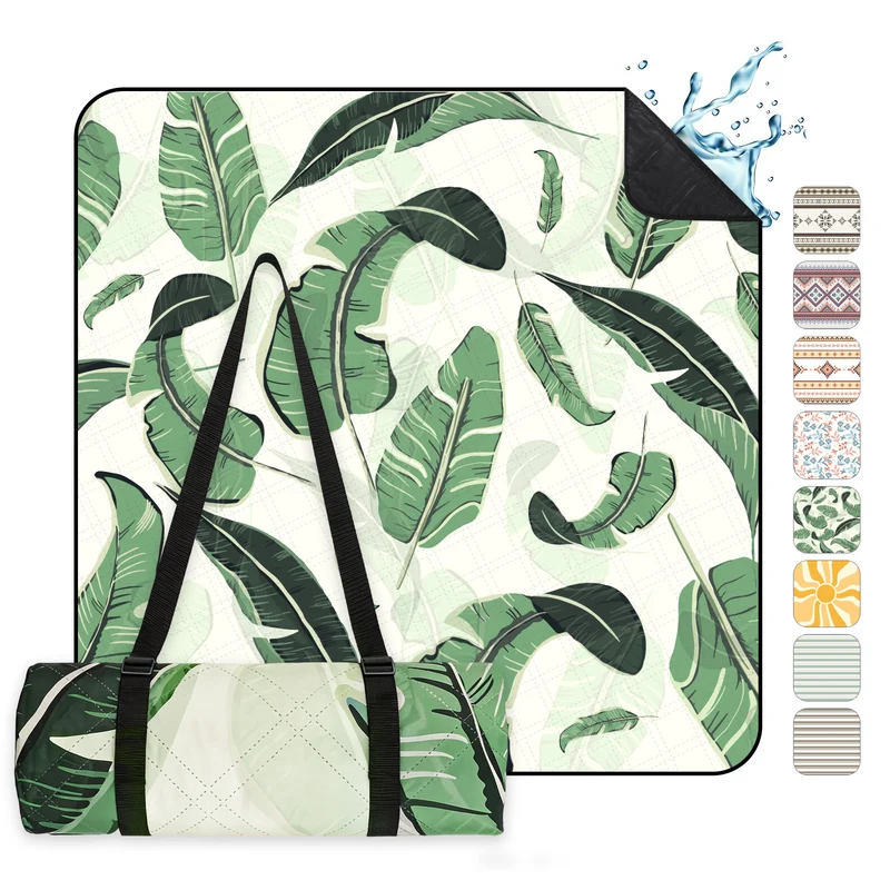 Sekey Picknickdecke Wasserdicht bananenblatt muster, mit den Blättern, Sandfreie Stranddecke mit PEVA-Unterseite & Tragegurt für Picknick, Camping und Strand