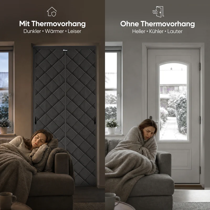 Sekey Thermo Türvorhang mit Magnetverschluss, Baumwoll-Polyester Türvorhang, Wärmeschutz & Energiesparvorhang, Zugluftstopper, Klettverschluss ohne Bohren, für Winter