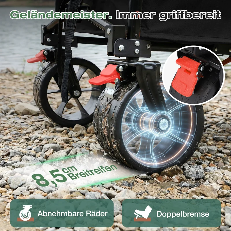 Sekey XXL Faltbarer Bollerwagen 135L – 150kg Belastbar, Leichter Handwagen mit Breiten All-Terrain Rädern, Bremse & 4-Wege Sofortaufbau Transportwagen, 4031