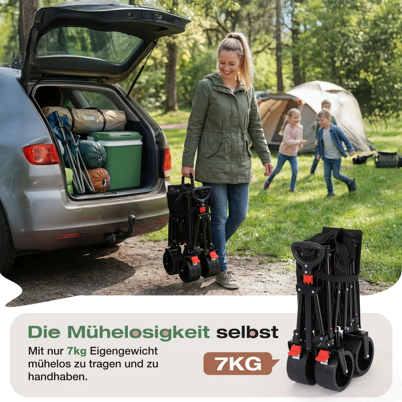 Sekey XXL Faltbarer Bollerwagen 135L – 150kg Belastbar, Leichter Handwagen mit Breiten All-Terrain Rädern, Bremse & 4-Wege Sofortaufbau Transportwagen, 4031