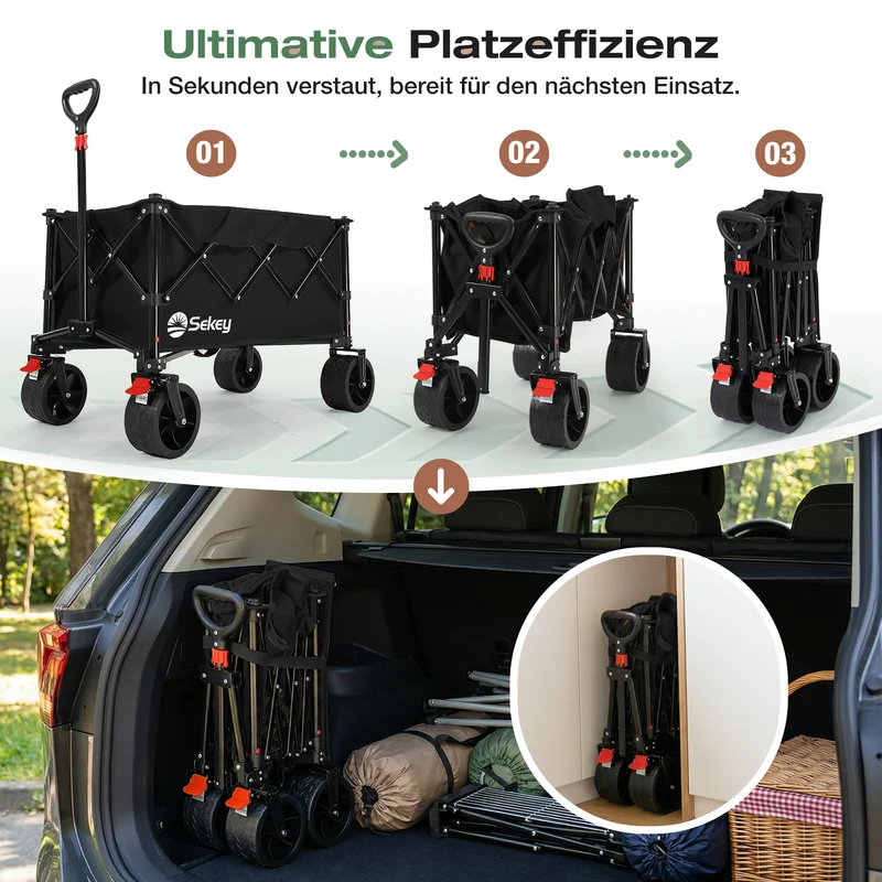 Sekey XXL Faltbarer Bollerwagen 135L – 150kg Belastbar, Leichter Handwagen mit Breiten All-Terrain Rädern, Bremse & 4-Wege Sofortaufbau Transportwagen, 4031